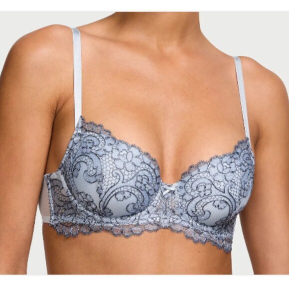 Victorias Secret Dream Angels Boho Floral Embroidery Demi Bra Blue Denim 36A Set - Picture 3 of 16